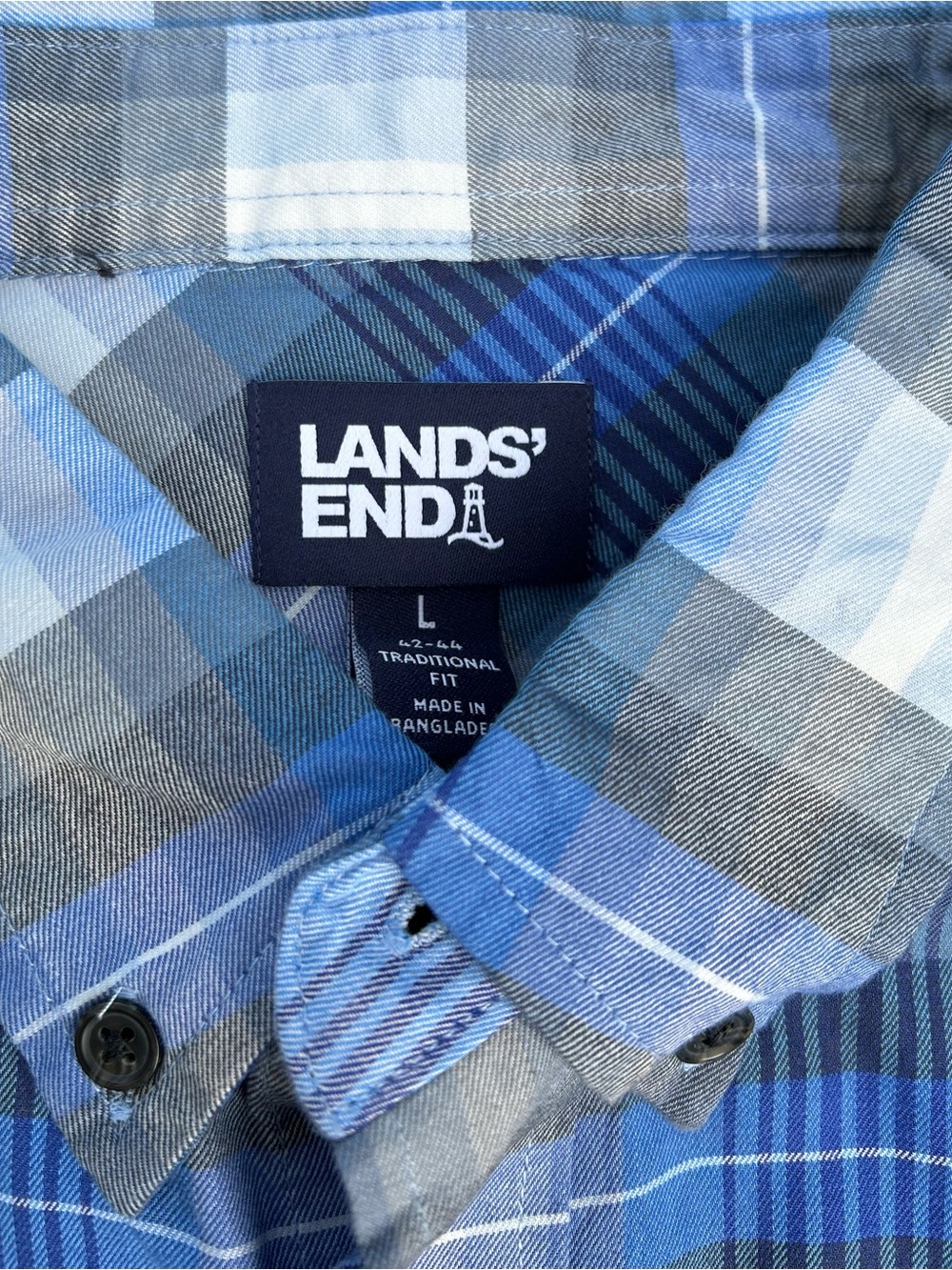 Lands' End BUNDLE of 2 NWOT Men's Plaid Blue & Gray Button-Down Shirts Sz Large.